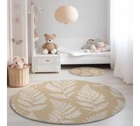 Tapis Rond 90 cm Crème Salon Chambre Rug Motif De Feuille De Fougère, Style Minimaliste Lavable en Machine Tapis Doux Description, Antidérapant Descente de Lit Décoration Chambre Enfant Bébé