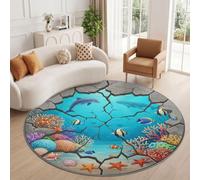 Tapis Rond 90 cm, Naturel Océan Bleu À Poils Courts Tapis | Tapis Antidérapant Lavable En Machine, Poisson Tropical Dauphin Récif Corallien Algues Doux Moquette Pour Salon Chambre