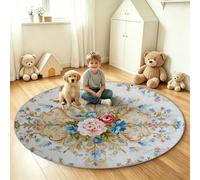 Tapis Rond à Poils Courts 180 cm Salon Moquette Oriental Traditionnel | Lavable Antidérapant pour Salle à Manger, Chambre d'enfant, Chambre à Coucher - Fleur Rose Plante, Blanc