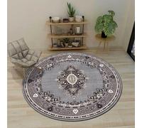 Tapis rond à poils courts lavable pour salon, chambre à coucher, antidérapant, lavable, style ethnique rétro, gris, Ø140 cm