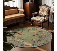 Tapis rond à poils courts lavable pour salon, cuisine, chambre à coucher, style ethnique, petites fleurs, vert, diamètre 170 cm