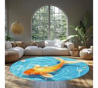 Tapis rond animaux 80cm tapis antidérapant et perdant mue facile entretenir circulaire lavable dessin animé motif poissons koi dorés ronds poils bas pour salon chambre bébé appartement bleu