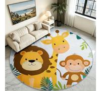 Tapis Rond Animaux Savane Tropicale, Poil Court Antidérapant 180 cm | Lion Girafe et Singe Mignon Fond Blanc, Toucher Doux Antisalissure, Lavable en Machine, Idéal Chambre d'Enfant et Jeux