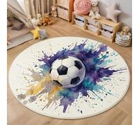 Tapis Rond Aquarelle Style Sportif Salon Lavable en Machine, Violet Tapis de Sol Décoration Football Éclaboussure D'Encre Facile À Nettoyer Antidérapant, pour Salon Chambre Balcon Terrasse 90cm