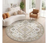 Tapis Rond Beige 160 cm, Vintage Losange Salon Doux Poil Ras Tapis | Lavable en Machine Tapis, Géométrique Motif En V Triangle Ethnique Dessous Antidérapant Moquette pour Chambre Intérieure Déco