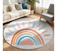Tapis Rond Blanc 90 cm Antidérapant, Motif Arc-en-Ciel Lignes Bohème | Tapis de Jeu et d'Éveil Lavable en Machine, Moquette Poils Ras Douce pour Chambre Bébé, Nursery et Salle de Jeux Enfant