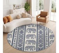 Tapis Rond Bleu 100 cm, Vintage Éléphant Salon Doux Poil Ras Tapis | Lavable Machine Tapis, Géométrique Losange Triangle Rayures Verticales Dessous Antidérapant Moquette pour Chambre Intérieure