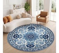Tapis Rond Bleu 160 cm, Vintage Style Chinois Salon Doux Poil Ras Tapis | Lavable en Machine Tapis, Floral Plantes Feuilles Géométrique Bordure Dessous Antidérapant Moquette pour Chambre Intérieure