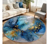 Tapis Rond Bleu 60 cm Antidérapant, Motif Marbre Abstrait Contemporain | Moquette Poils Ras Lavable en Machine, Tapis de Sol Effet Minéral Bleu Océan pour Chambre Adulte, Couloir et Salon Chic