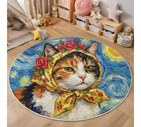Tapis Rond Bleu Profond 120cm Tapis de Sol à Poils Courts Bandeau Chat Doux et Antidérapant Carpette Peinture À L'Huile Nuit Étoilée 0.6 cm Moquette pour Salon, Chambre d'enfant ou Bureau Décoration