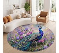 Tapis Rond Bohème Campagne 80 cm, Paon Fleurs Rose Feuilles Lavable en Machine pour Salon, Antidérapant, Imprimé pour Salle à Manger Chambre d’Enfant Nurserie, Bleu