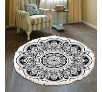 Tapis Rond Bohème En Faux Coton-lin-polyester, Antidérapant Et Lavable, Orné De Pompons Et D'un Motif Géométrique Ethnique, Pour Le Salon, La Chambre, La Chambre D'enfant Ou L'entrée, 90cm/35.4in-Z