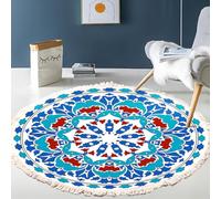 Tapis Rond Bohème En Faux Coton-lin-polyester, Antidérapant Et Lavable, Orné De Pompons Et D'un Motif Géométrique Ethnique, Pour Le Salon, La Chambre, La Chambre D'enfant Ou L'entrée,60cm/23.6in-B
