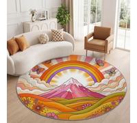 Tapis Rond Boheme Vintage 80 cm, Doubler Montagnes Fleurs Papillon Lavable en Machine pour Salon, Antidérapant, Imprimé pour Salle à Manger Chambre d’Enfant Nurserie, Orange