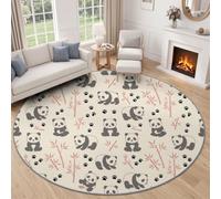 Tapis Rond Cartoon Mignon Doux Lavable Salon 90 cm Crème | Animaux Panda Bambou Empreintes De Pattes Poils Court Antidérapant Facile entretenir Tapis Chambre Cuisine Bureau Couloir