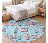Tapis Rond Cartoon Rose Cœur Bubble Tea - 150 cm Tapis Doux Et Moderne pour Salon Chambre Entrée, Antidérapant Résistant Confortable Bleu Lavable Rond Interieur Carpet