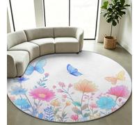Tapis Rond Champêtre Fleur 160 cm, Salon Poil Ras Lavable Antidérapant | Papillon Plantes Feuilles Tapis Doux pour Chambre à Coucher, Salle à Manger, Table de Chevet et Cheminée, Blanc