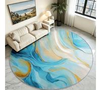 Tapis Rond Contemporain Effet Marbre, Poils Ras Lavable Salon 100 cm | Texture Marbre Délicate Fond Bleu, Douceur Confortable Antidérapante, Lavable en Machine, Parfait Chambre et Lecture