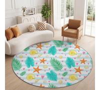 Tapis Rond Côtier Tropical 200 cm, Étoile De Mer Coquillage Feuille De Palmier Cœur Lavable en Machine pour Salon, Antidérapant, Imprimé pour Salle à Manger Chambre d’Enfant Nurserie, Bleu Vert