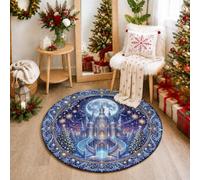 Tapis rond de Noël avec château d'hiver - Scène de nuit - 0,9 m | Pin d'hiver, tapis cercle, pleine lune, art fantaisie, décoration d'intérieur, accents saisonniers de salon