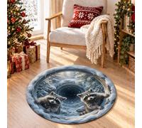 Tapis rond de Noël sur le thème de la faune et du raton laveur, 0,9 m | Sapins enneigés, tapis cercle, forêts d'hiver, amoureux de la nature, salon, thème vacances