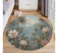 Tapis Rond Décors Rétro Forêt Tropicale Lavable pour Salon 80 cm Gris-Vert | Lavable, Doux, Antidérapant, Poils Courts Palmier Oiseau Paradis Dahlia Tapis Rond Pour Chambre, Cuisine Et Bureau