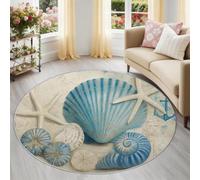 Tapis Rond en Flanelle 160 cm, Tapis Salon Trésors Marins côtiers Bleu Lavable et Antidérapant, Doux au Toucher pour Chambre, Décoration Intérieure