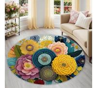 Tapis Rond en Flanelle Douce 90 cm, Tapis de Salon Floraison Florale Classique Victorienne Multicolore, Lavable en Machine et Antidérapant, Idéal pour Chambre ou Bureau