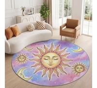 Tapis Rond Fantaisie Bohème 80 cm, Soleil Lune Étoiles Ciel Lavable en Machine pour Salon, Antidérapant, Imprimé pour Salle à Manger Chambre d’Enfant Nurserie, Rose