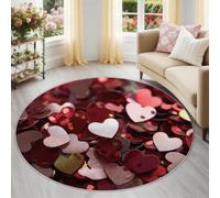 Tapis Rond Festif 120 cm, Cœurs Paillettes Pailleté Forme de Cœur Lavable en Machine pour Salon, Antidérapant, Imprimé pour Salle à Manger Chambre d’Enfant Nurserie, Rouge