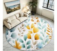 Tapis Rond Feuilles Aquarelle Botanique, Poil Ras Antidérapant 160 cm | Aquarelle Florale Délicate Fond Blanc Épuré, Toucher Doux sans Peluche, Lavable en Machine, Idéal Déco Chambre et Salon Zen