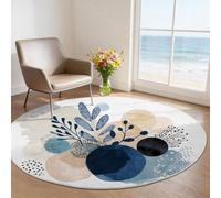 Tapis Rond Flanelle 150 cm, Tapis Décoratif Moelleux et Antidérapant, Lavable pour Salon, Chambre et Salle à Manger, Confort Exceptionnel, Jardin botanique Organique Boho Bleu