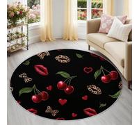 Tapis Rond Flanelle 60 cm, Tapis Décoratif Moelleux et Antidérapant, Lavable pour Salon, Chambre et Salle à Manger, Confort Exceptionnel, Motif Fruit & cœur Art déco Noir