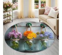 Tapis Rond Flanelle 90 cm, Tapis Décoratif Moelleux et Antidérapant, Lavable pour Salon, Chambre et Salle à Manger, Confort Exceptionnel, Fleurs Nordiques Modernes Bleu