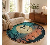 Tapis Rond Gris-Bleu 120cm, Tapis Salon Pleine Lune Arbre Desséché Chauves-Souris Lavable | Doux Poil Ras Avec Halloween Sombre, Dessous Antidérapant Pour Chambre à Coucher, Entrée, Salle à Manger