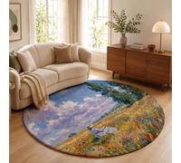 Tapis Rond Jaune 180cm Tapis de Sol à Poils Courts Fille Chapeau Paille Champ Blanc Doux et Antidérapant Carpette Peinture À L'Huile Pastorale Française Moquette pour Salon, Chambre d'enfant ou Bureau