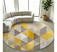 Tapis Rond Lavable à Poils Courts Antidérapant 100 cm Moderne Géométrique | Triangle Losange pour Salon Cuisine, Chambre d'enfant, Bureau - Facile à Laver, Jaune