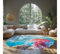 Tapis Rond Lavable Bleu Rose 180cm（Rond） Rug Doux à Poils Bas méduses océaniques Motif Vie Marine Tapis intérieur pour Salon Chambre Bureau