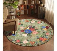 Tapis Rond Lavable en Machine - Moquette Antidérapante à Poil Bas Style Boho - Motif Floral Oriental