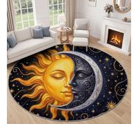 Tapis Rond Lavable Motif Retro Cosmos Étoiles Soleil Décoration De Chambre pour Adultes Enfants, 100 cm Moderne Salon Intérieur Antidérapant Tapis Rond, Noir