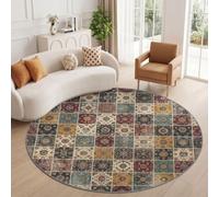 Tapis Rond Marron 60 cm, Vintage Patchwork Salon Doux Poil Ras Tapis | Lavable en Machine Tapis, Carré Mosaïque Floral Ethnique Dessous Antidérapant Moquette pour Chambre Intérieure Décoration