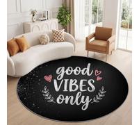 Tapis Rond Minimaliste Artistique Lavable 100 cm Noir Poils Courts Tapis | Dessin À La Craie Cœurs Lettres Feuilles Imprimé Antidérapant Tapis Facile à Entretenir pour Chambre Cuisine Bureau Salle