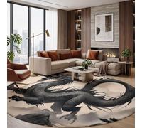 Tapis Rond Montagnes Dragon Noir Salon Chambre 120cm | Poils Courts, Peinture À L'Encre Chinoise, Super Doux, Lavable Et Antidérapant Tapis Rond Pour Chambre D’enfant, Salle à Manger, Noir Charbon