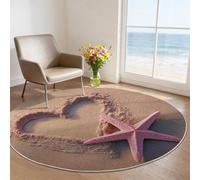 Tapis Rond Nature 60 cm, Lavable en Machine Antidérapant Tapis Rond à Motif Plage Forme De Cœur Étoile De Mer pour Petite Chambre d'enfant et Salon Balcon, Brun Légère Moquette Décoration