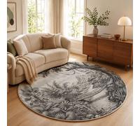 Tapis Rond Noir Et Blanc 100 Cm, Tapis Salon Moderne Lavable | Moquette Doux Poil Ras Avec Croquis Rétro De Forêt Rivière Tropicale Pont Suspendu, Antidérapant Pour Chambre Décoration Intérieure