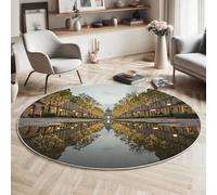 Tapis Rond Nuit Pluvieuse Paysage Place De La Ville Reflet 100cm, Lavable Antidérapant Tapis Décoratif Rond Jaune chaud pour Salon Chambre à Coucher, Doux Moquette pour Décoration Intérieure