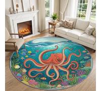 Tapis Rond Océan Fantasy Antidérapant Lavable Machine, 200 cm Vert Sarcelle | Tapis de Salon Design Animal Pieuvre Poisson Tropical Corail Algue Moquette pour Décoration Salle à Manger Chambre Canapé