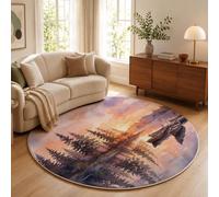 Tapis Rond Orange 180 Cm, Tapis Salon Moderne Lavable | Moquette Doux Poil Ras Avec Coucher De Soleil Sur Le Lac Forêt De Pins À L'Aquarelle Vintage, Antidérapant Pour Chambre Décoration Intérieure