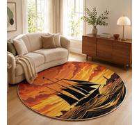 Tapis Rond Orange 60 Cm, Tapis Salon Moderne Lavable | Moquette Doux Poil Ras Avec Silhouette D'Un Voilier Au Coucher Soleil Paysage Nautique Rétro, Antidérapant Pour Chambre Décoration Intérieure