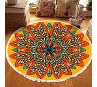 Tapis Rond Orange Bohème À Pompons, Lavable, Antidérapant, À Motif Floral, Doux, En Imitation Coton Et Lin, Idéal Pour Le Salon La Chambre La Chambre D'enfant L'entrée Ou Le Couloir, 120cm/47.2in-Oran